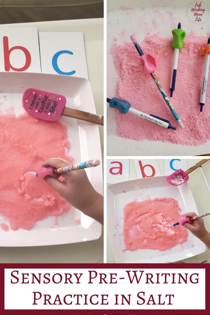 Pre-Writing Practice in Colored Salt with Preschoolers | Fab Working Mom Life #sensory #preschool This activity helps teach preschoolers proper pencil technique for future writing and provides a great sensory input activity too