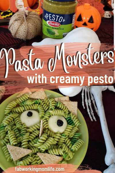 Halloween pasta monsters with creamy pesto